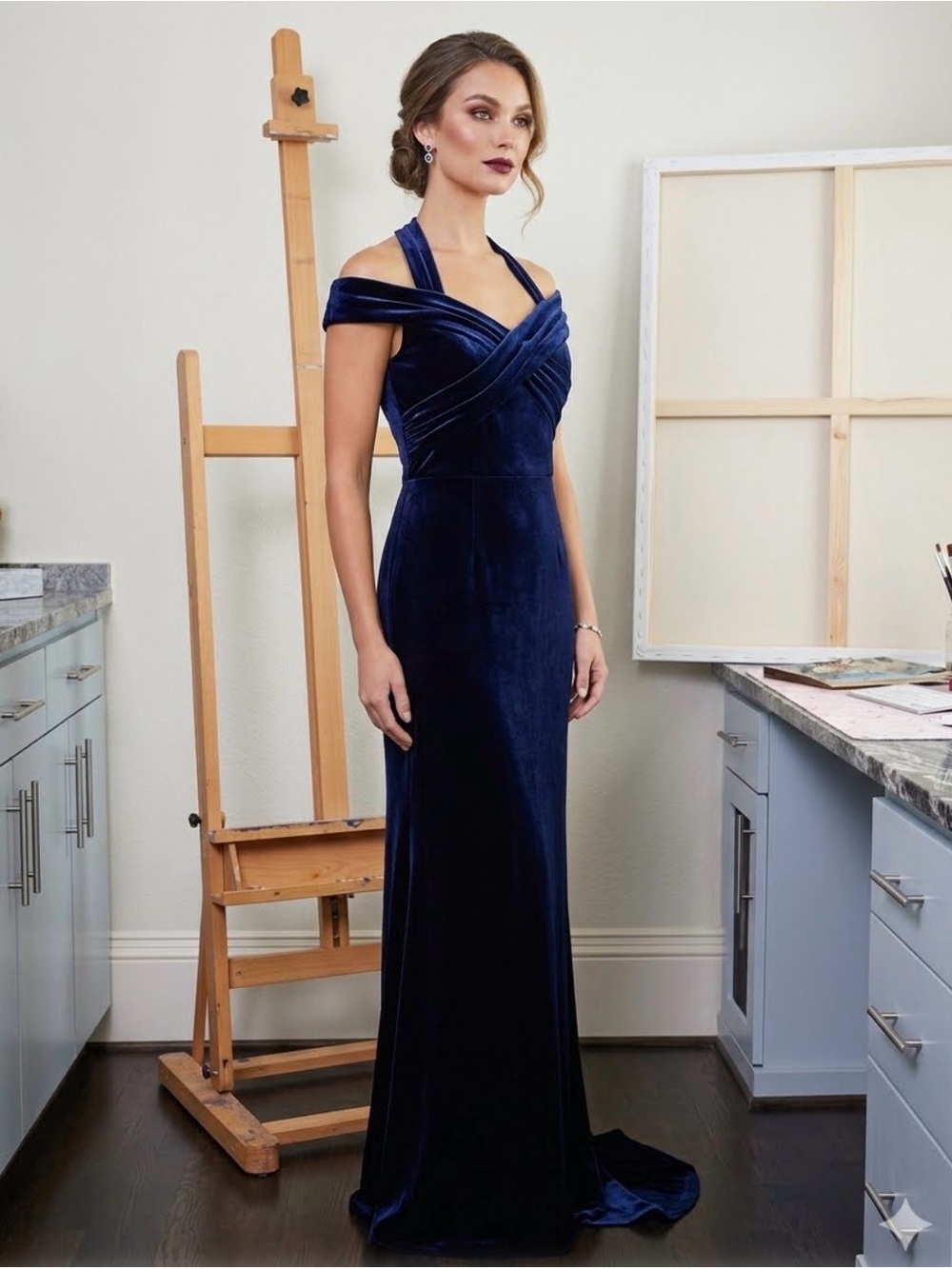 Theia Deep Navy Velvet Maxi Gown with Twisted Bodice